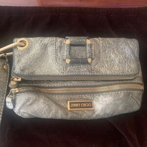 Jimmy Choo Bronze Metallic Leather Soft Clutch Fold Over Wristlet Bag, Elegant